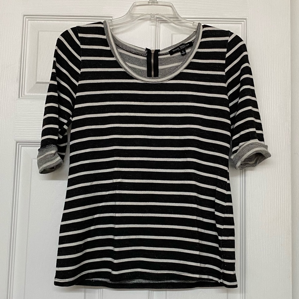 French Terry Short Sleeve Charcoal Gray Striped Top Back Zipper Sz S